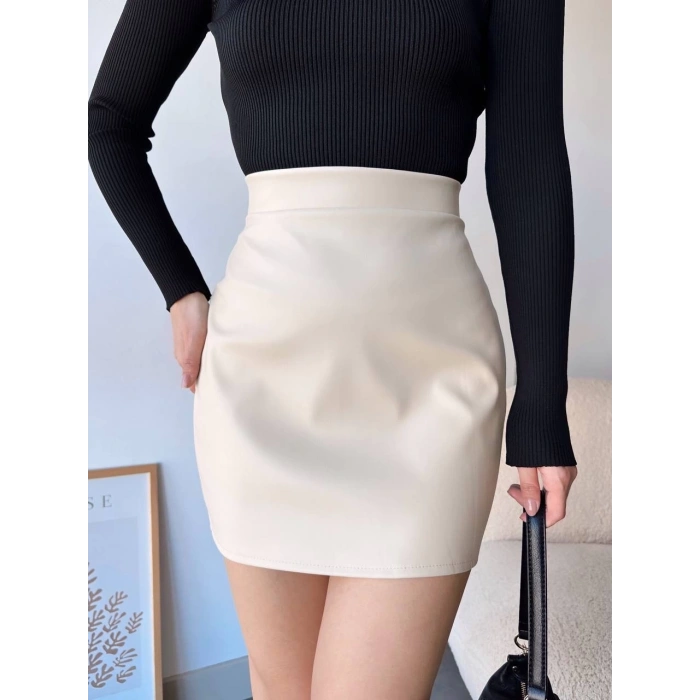 petite ateiler Düz deri etek bej h24468