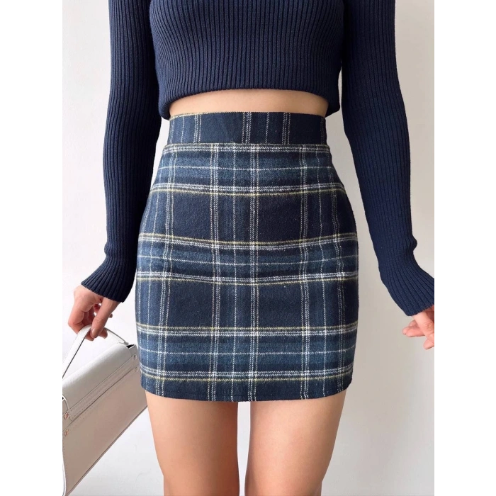 petite ateiler Ekoseli kaşe etek lacivert hf