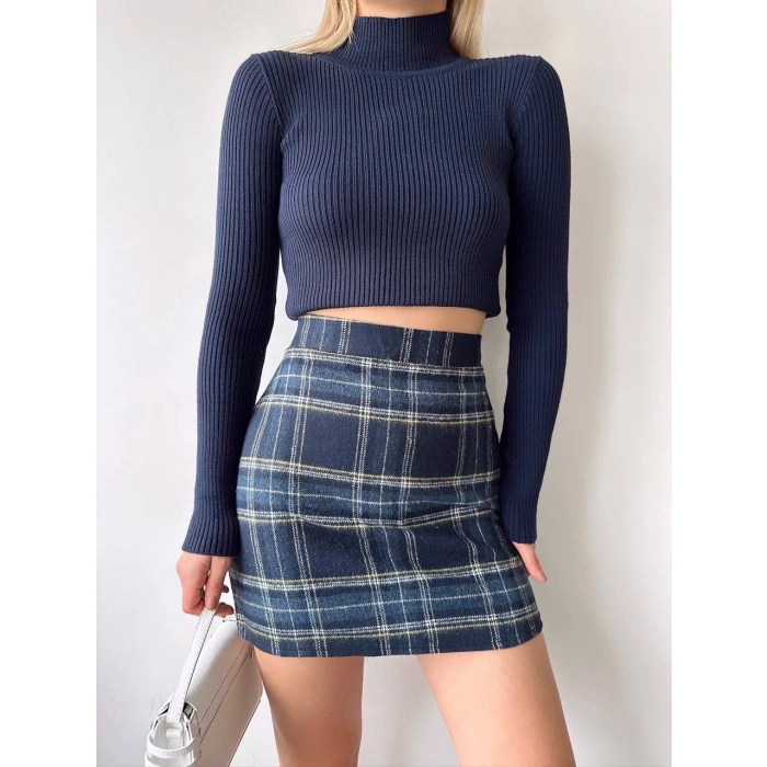 petite ateiler Ekoseli kaşe etek lacivert hf