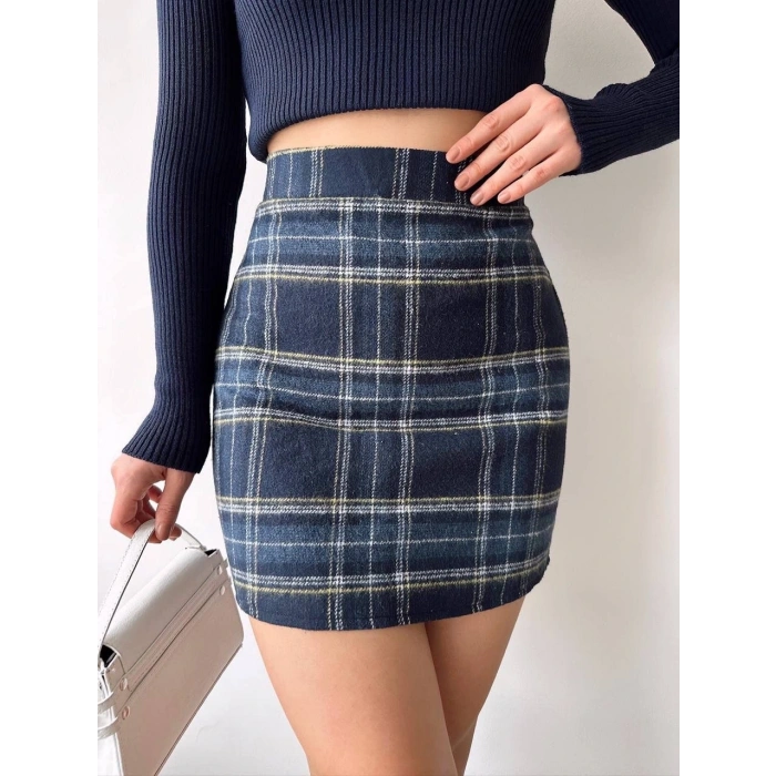 petite ateiler Ekoseli kaşe etek lacivert hf