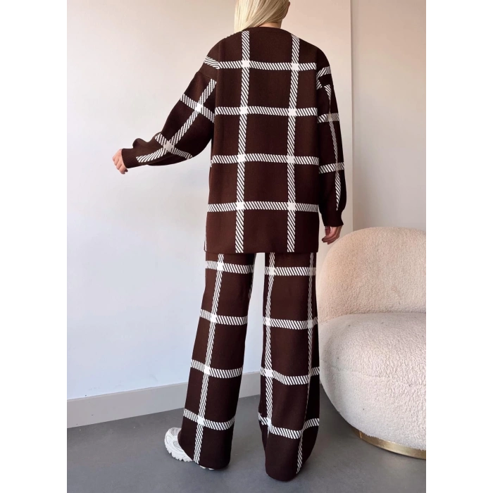 petite ateiler Ekoseli triko takım kahvebeyaz