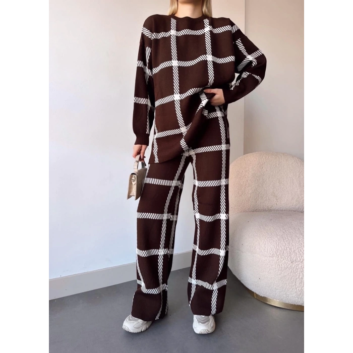 petite ateiler Ekoseli triko takım kahvebeyaz