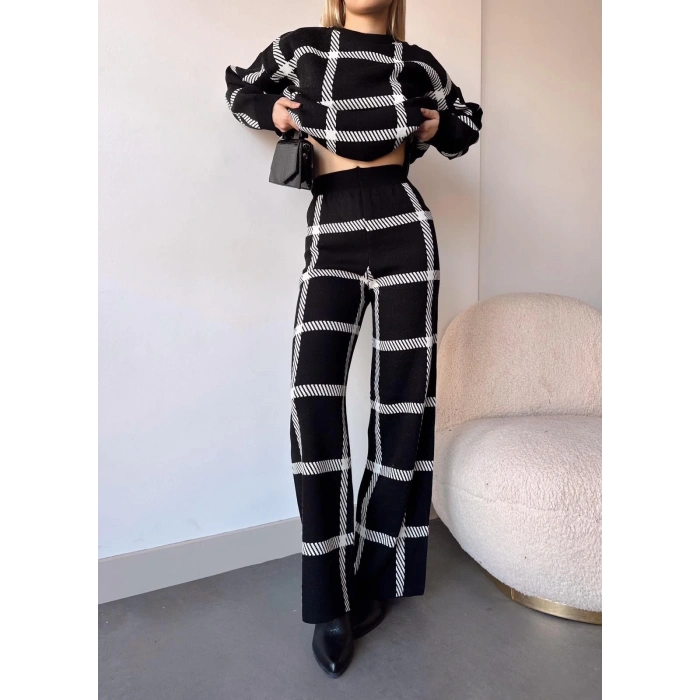 petite ateiler Ekoseli triko takım siyahbeyaz