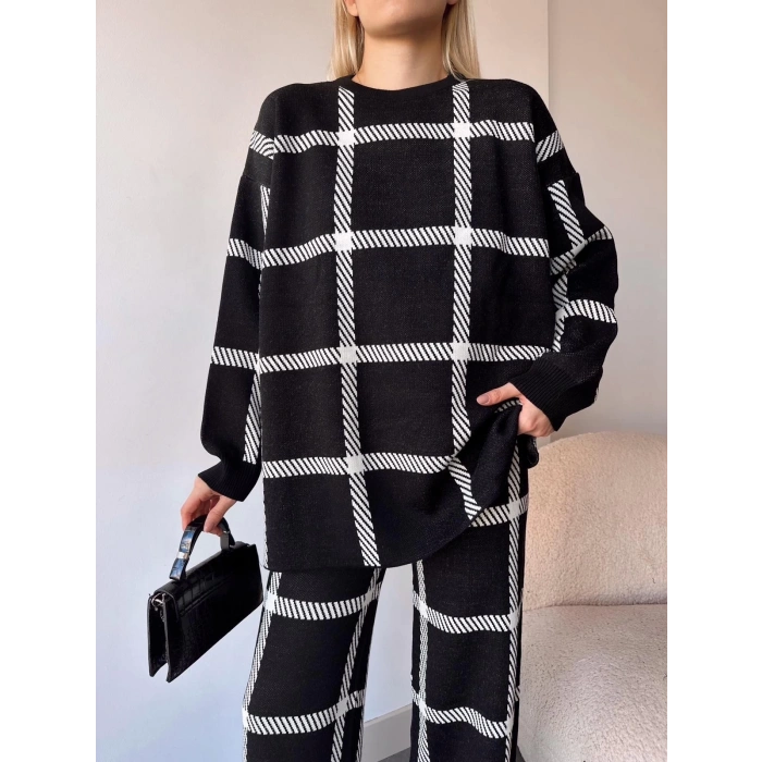 petite ateiler Ekoseli triko takım siyahbeyaz