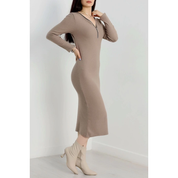 petite ateiler Fermuar detaylı fitilli şardonlu elbise bej a3178