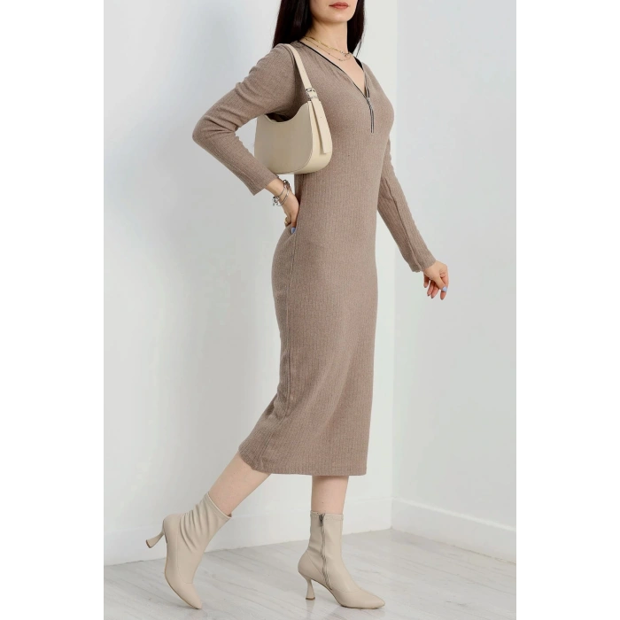 petite ateiler Fermuar detaylı fitilli şardonlu elbise bej a3178