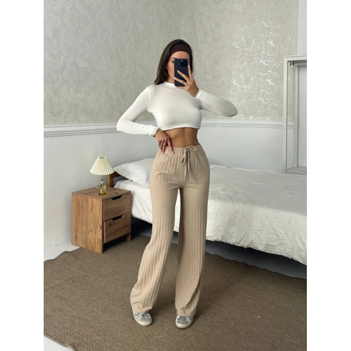 petite ateiler Fitilli şardonlu pantolon bej a4058