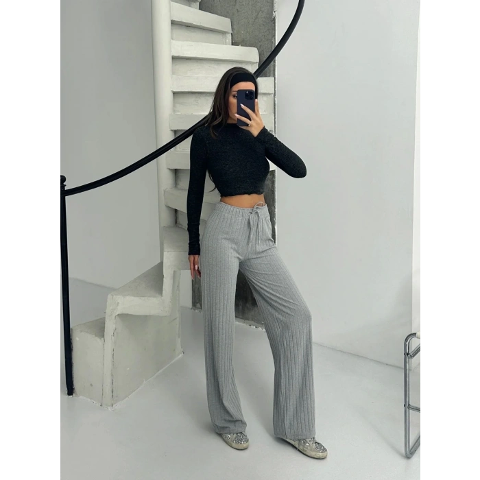 petite ateiler Fitilli şardonlu pantolon gri a4058