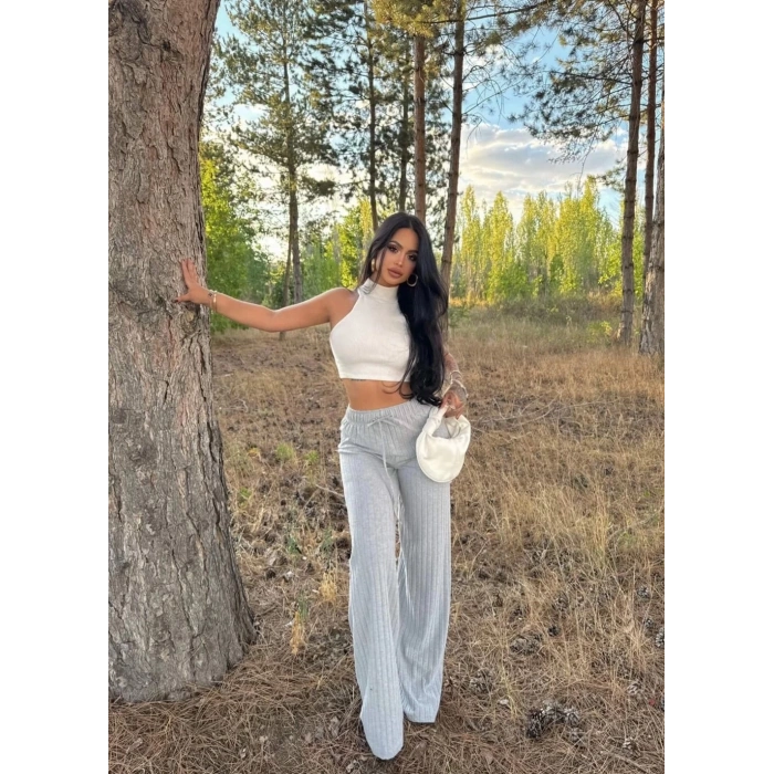 petite ateiler Fitilli şardonlu pantolon gri a4058