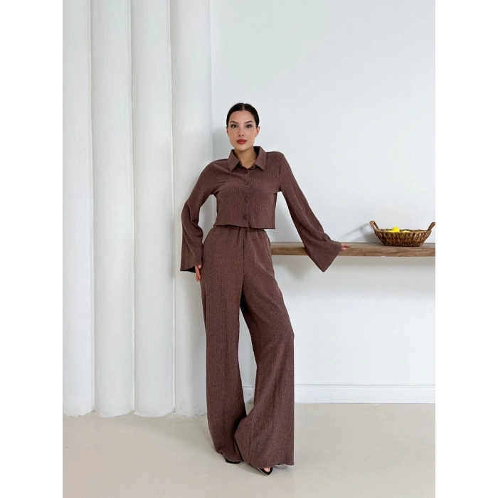 petite ateiler Gömlek yaka kaplama düğmeli takım kahve st265866