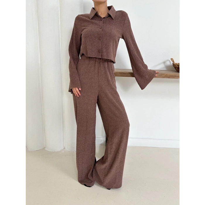 petite ateiler Gömlek yaka kaplama düğmeli takım kahve st265866