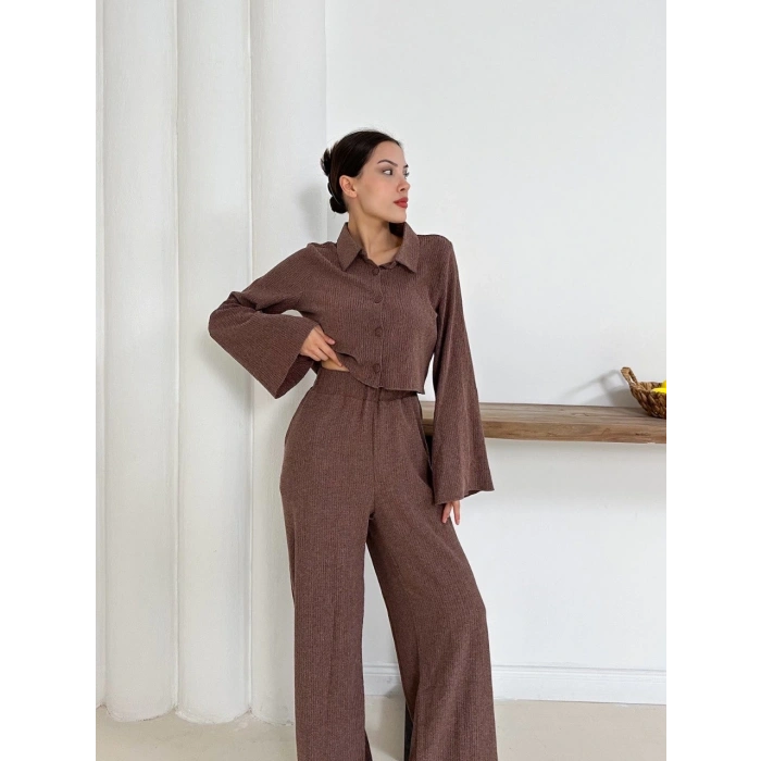 petite ateiler Gömlek yaka kaplama düğmeli takım kahve st265866