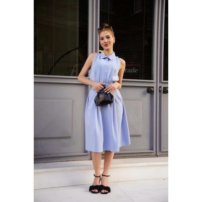 petite ateiler Gömlek yaka kemerli elbise mavi s255061