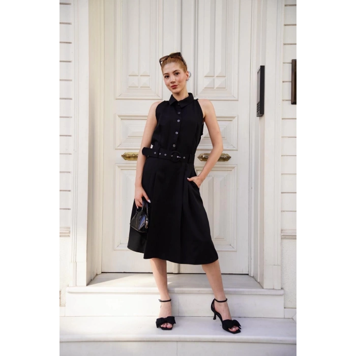 petite ateiler Gömlek yaka kemerli elbise siyah s255061