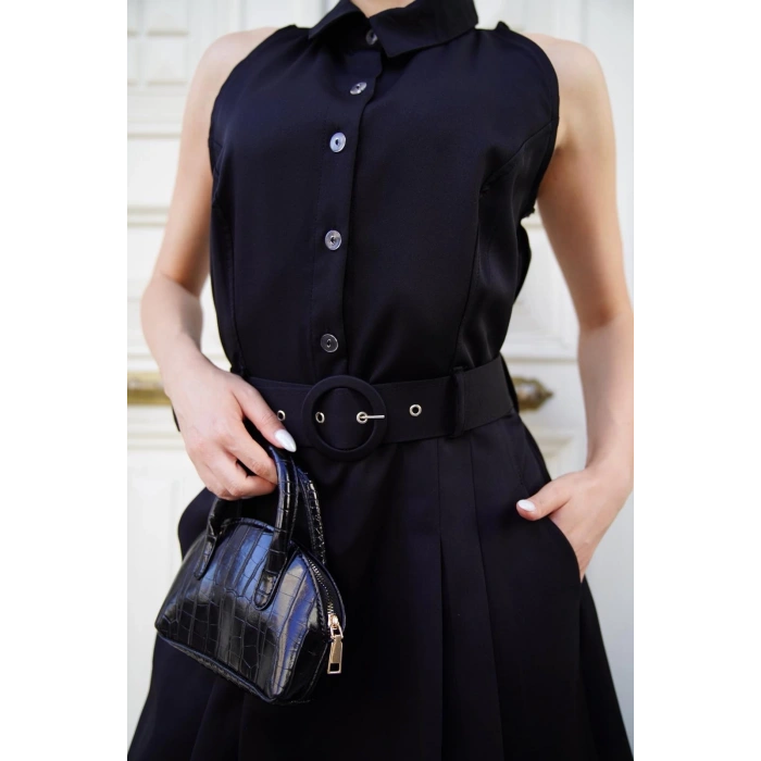 petite ateiler Gömlek yaka kemerli elbise siyah s255061