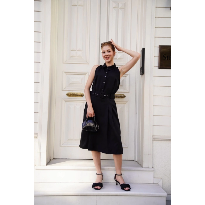 petite ateiler Gömlek yaka kemerli elbise siyah s255061