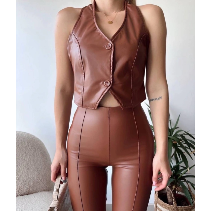 petite ateiler İki düğmeli deri yelek kahve s243001