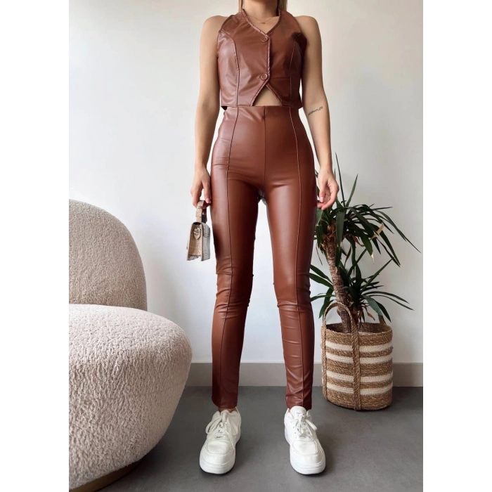 petite ateiler İki düğmeli deri yelek kahve s243001