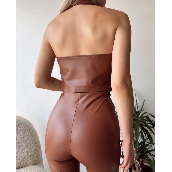 petite ateiler İki düğmeli deri yelek kahve s243001