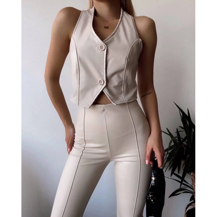 petite ateiler İki düğmeli deri yelek krem s243001