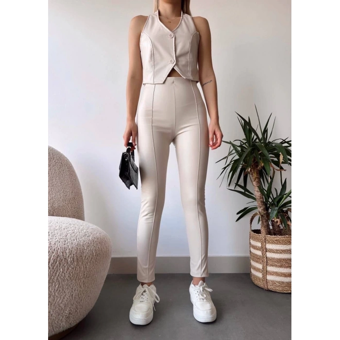 petite ateiler İki düğmeli deri yelek krem s243001