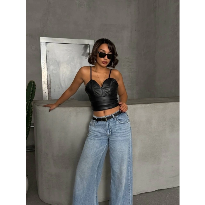 petite ateiler İp askılı yandan fermuarlı rastale deri crop siyah s24113