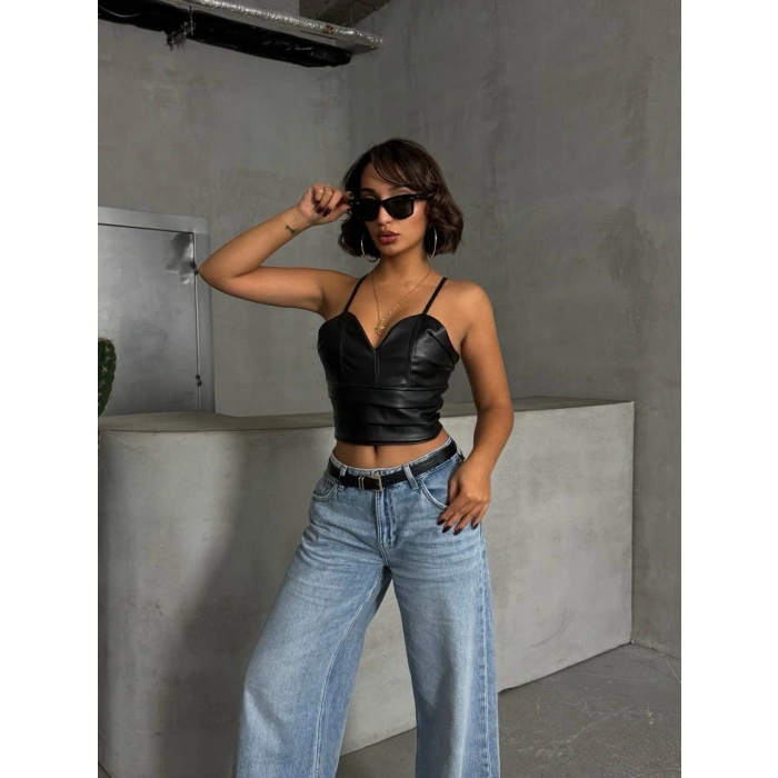 petite ateiler İp askılı yandan fermuarlı rastale deri crop siyah s24113