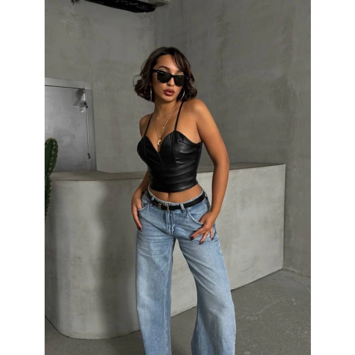 petite ateiler İp askılı yandan fermuarlı rastale deri crop siyah s24113