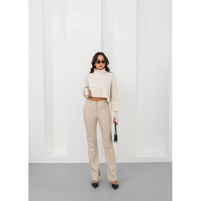 petite ateiler İspanyol yırtmaçlı paça deri pantolon bej hn