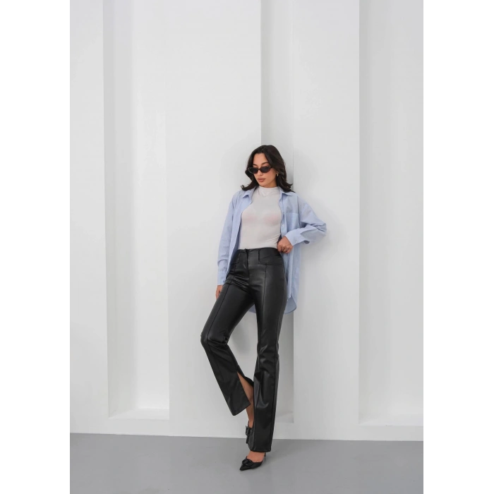 petite ateiler İspanyol yırtmaçlı paça deri pantolon siyah hn