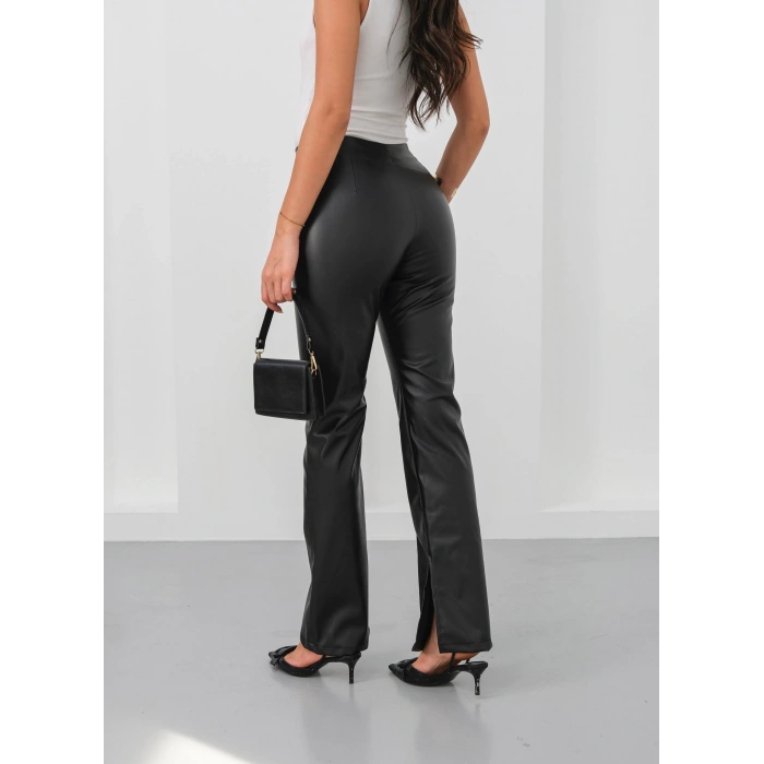 petite ateiler İspanyol yırtmaçlı paça deri pantolon siyah hn