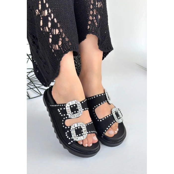 petite ateiler Juana Siyah Nubuk  Taşlı Terlik