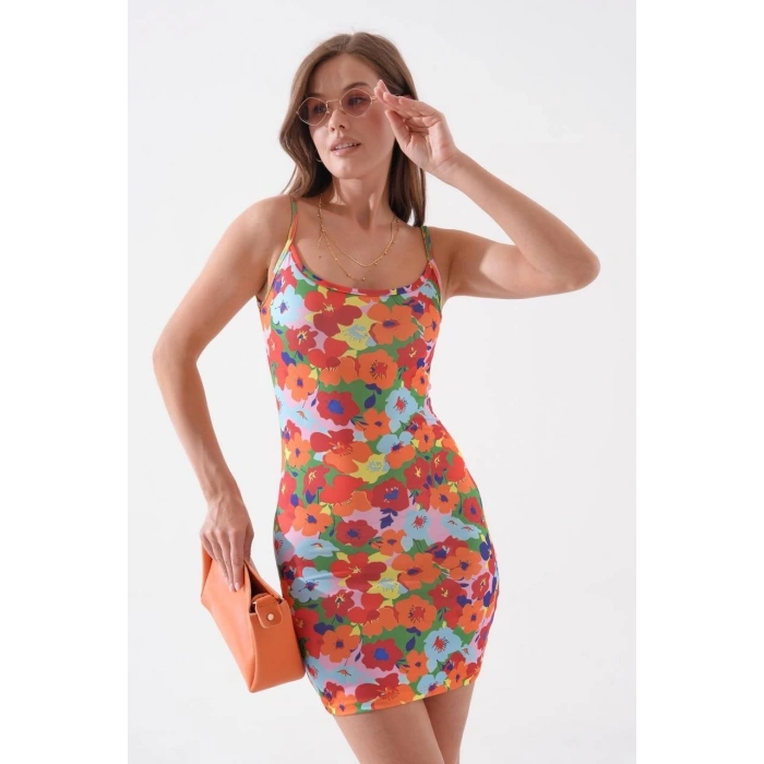 petite ateiler Kadın ince askılı desenli elbise s8105