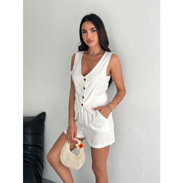 petite ateiler Kadın keten şort yelek takım s3461