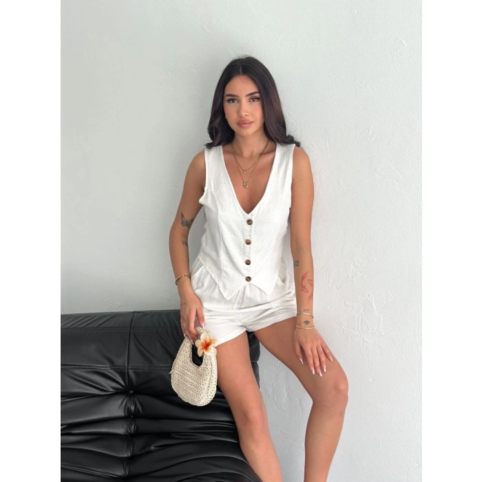 petite ateiler Kadın keten şort yelek takım s3461