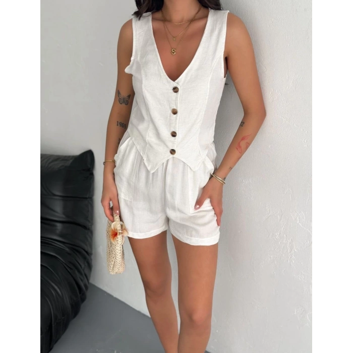 petite ateiler Kadın keten şort yelek takım s3461