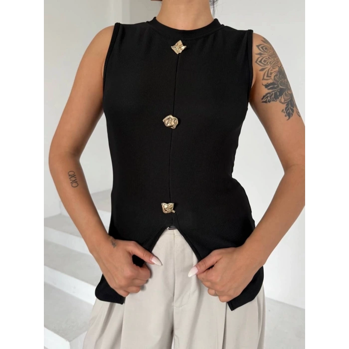 petite ateiler Kadın siyah bisiklet yaka gold düğmeli ottoman bluz s2310