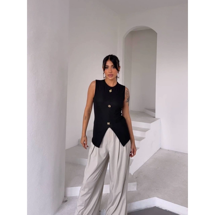 petite ateiler Kadın siyah bisiklet yaka gold düğmeli ottoman bluz s2310