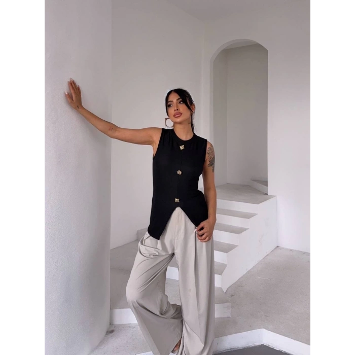petite ateiler Kadın siyah bisiklet yaka gold düğmeli ottoman bluz s2310