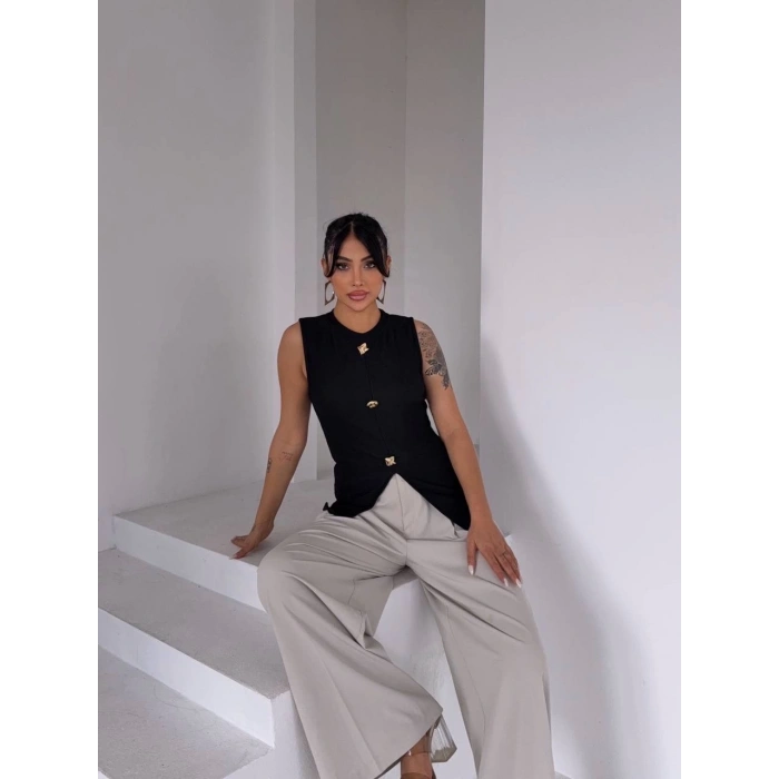 petite ateiler Kadın siyah bisiklet yaka gold düğmeli ottoman bluz s2310