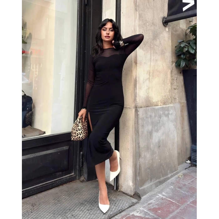 petite ateiler Kadın tül detaylı midi boy yırtmaçlı elbise