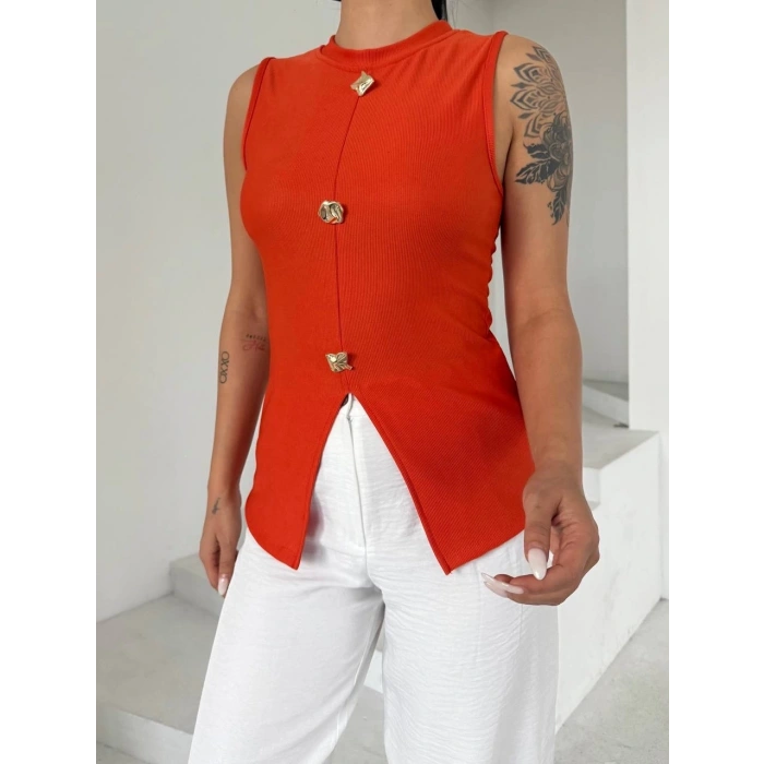 petite ateiler Kadın turuncu bisiklet yaka gold düğmeli ottoman bluz s2310