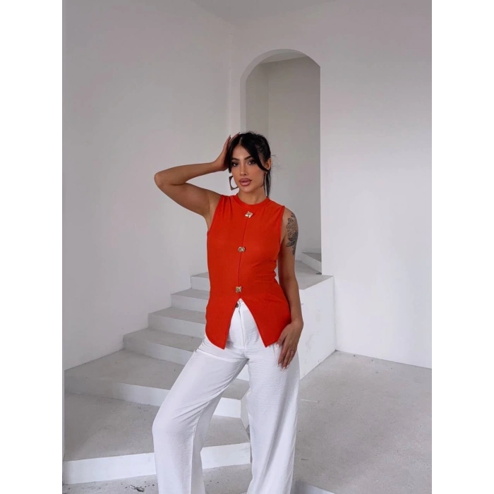 petite ateiler Kadın turuncu bisiklet yaka gold düğmeli ottoman bluz s2310