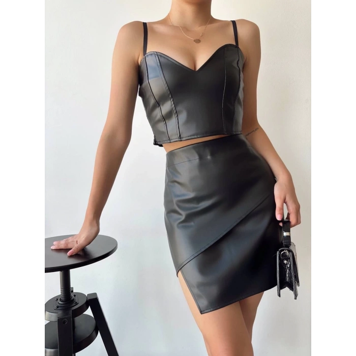 petite ateiler Kapaklı asimetrik model deri etek siyah s240106