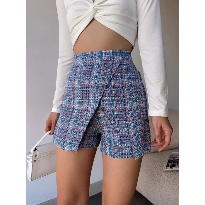 petite ateiler Kapaklı tüvit şort etek mavi