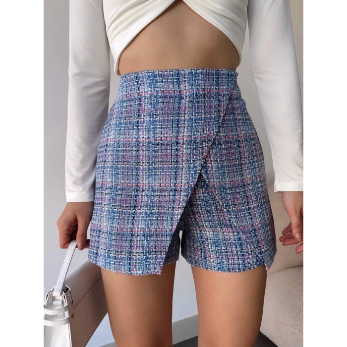petite ateiler Kapaklı tüvit şort etek mavi