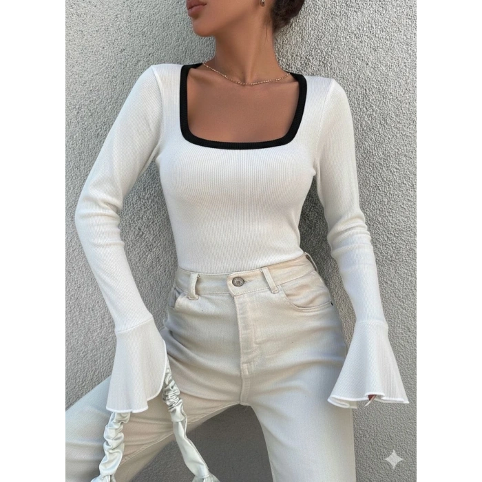 petite ateiler Kare yaka garni detay ispanyol kol bluz beyaz a3105