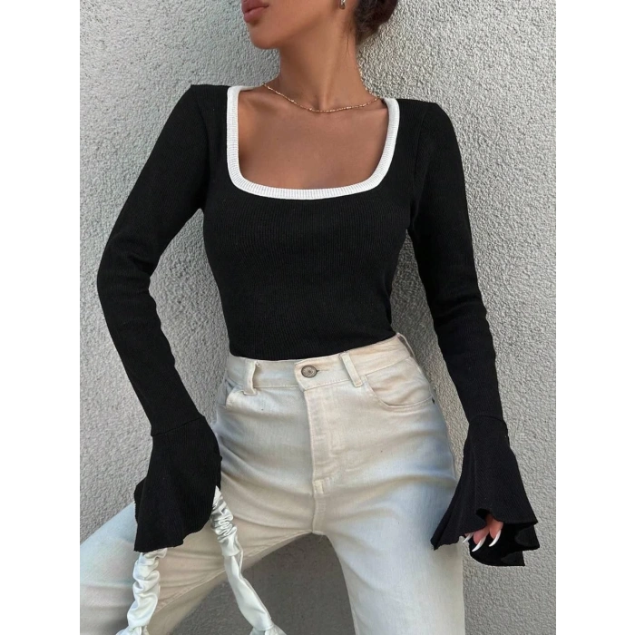 petite ateiler Kare yaka garni detay ispanyol kol bluz siyah a3105