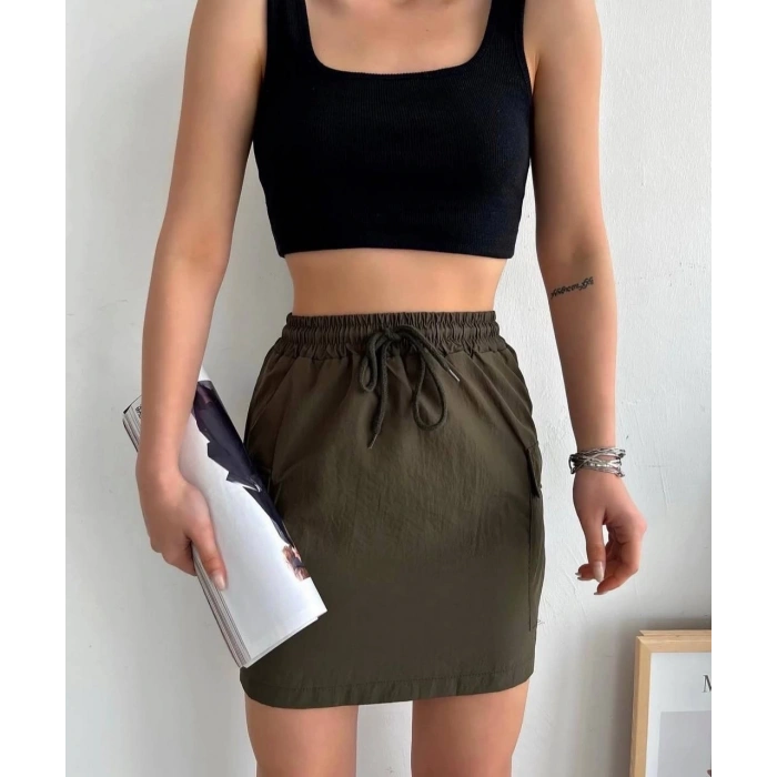 petite ateiler Kargo cep ince paraşüt etek haki s241019