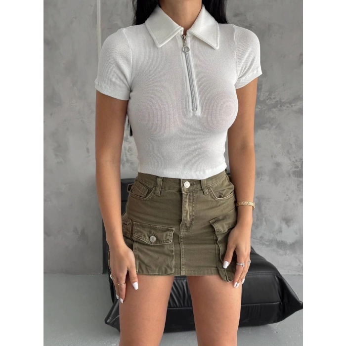 petite ateiler kaşkorse yaka fermuarlı bluz beyaz